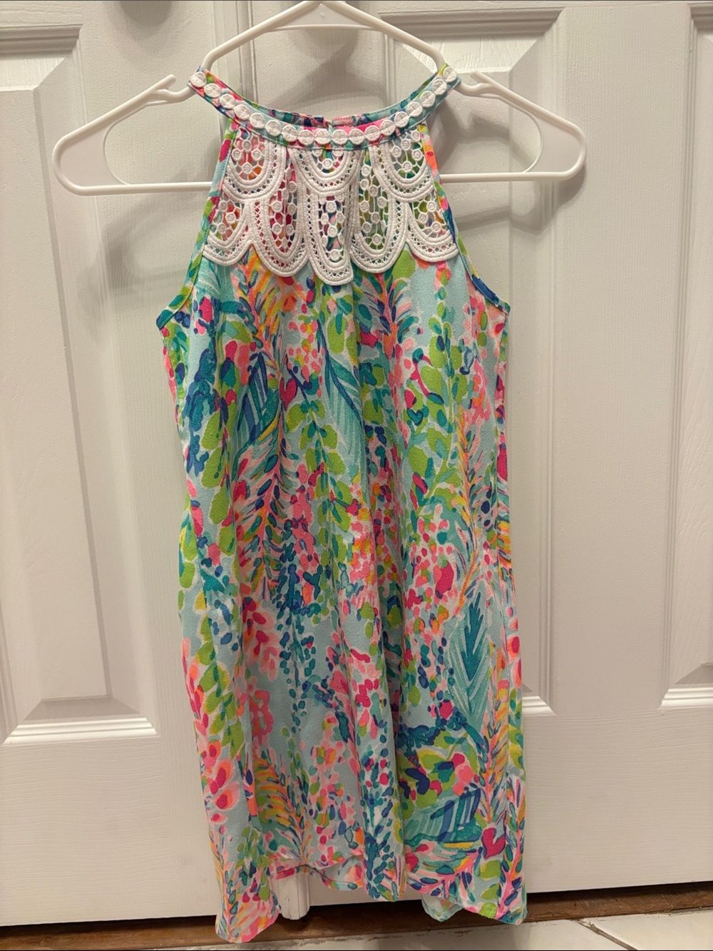 Lilly Pulitzer Multicolor Tropical Floral Halter Dress with White Crochet Yoke